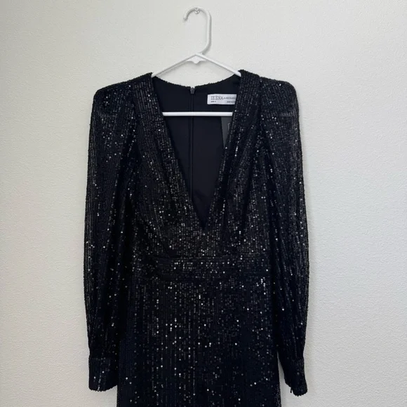 Mac Duggal Ieena Long Sleeve Wide-Leg Sequin Jumpsuit NWT in Black 2 - Picture 3 of 16